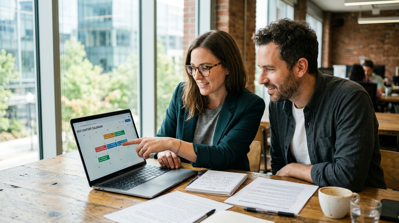 A small business owner and a content strategist collaborating in a modern, brightly lit office, pointing at a content plan on a laptop scree