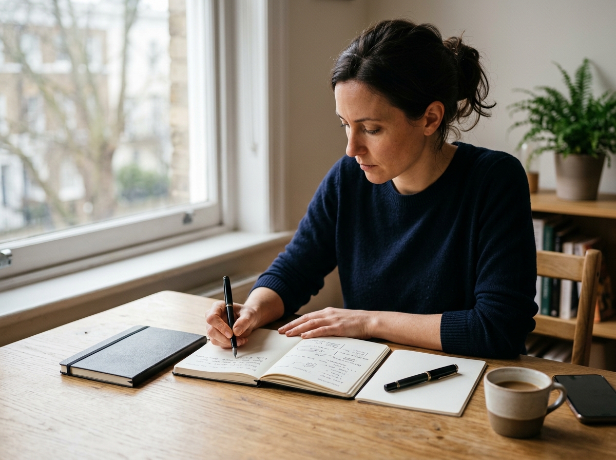A professional writer focused on crafting a high-quality article at a clean, organized desk with a notebook and pen nearby.