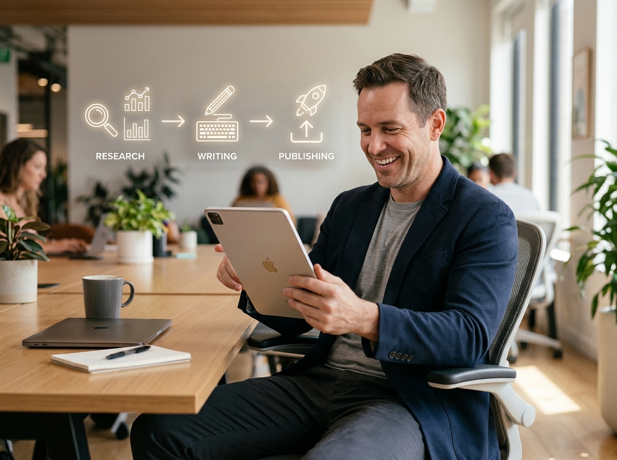 A startup founder looking efficient and pleased while reviewing a perfectly formatted article on a tablet, with an automated workflow visual