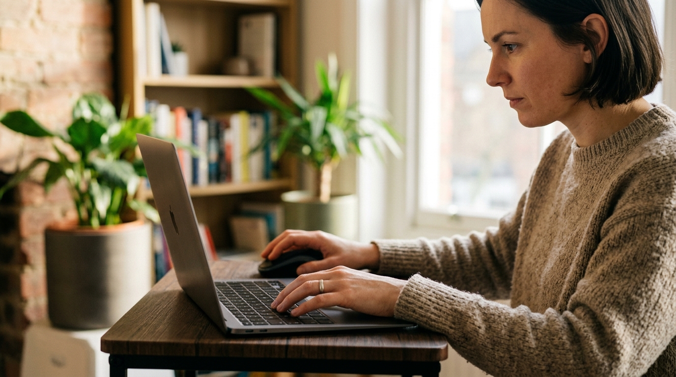 A solo founder in a bright startup office analyzing SEO data on a laptop.