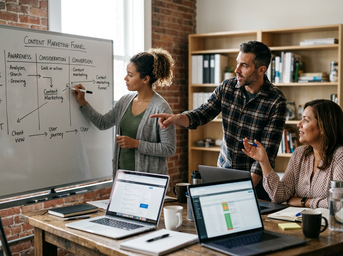 A small, diverse marketing team collaborating on a content strategy on a whiteboard.