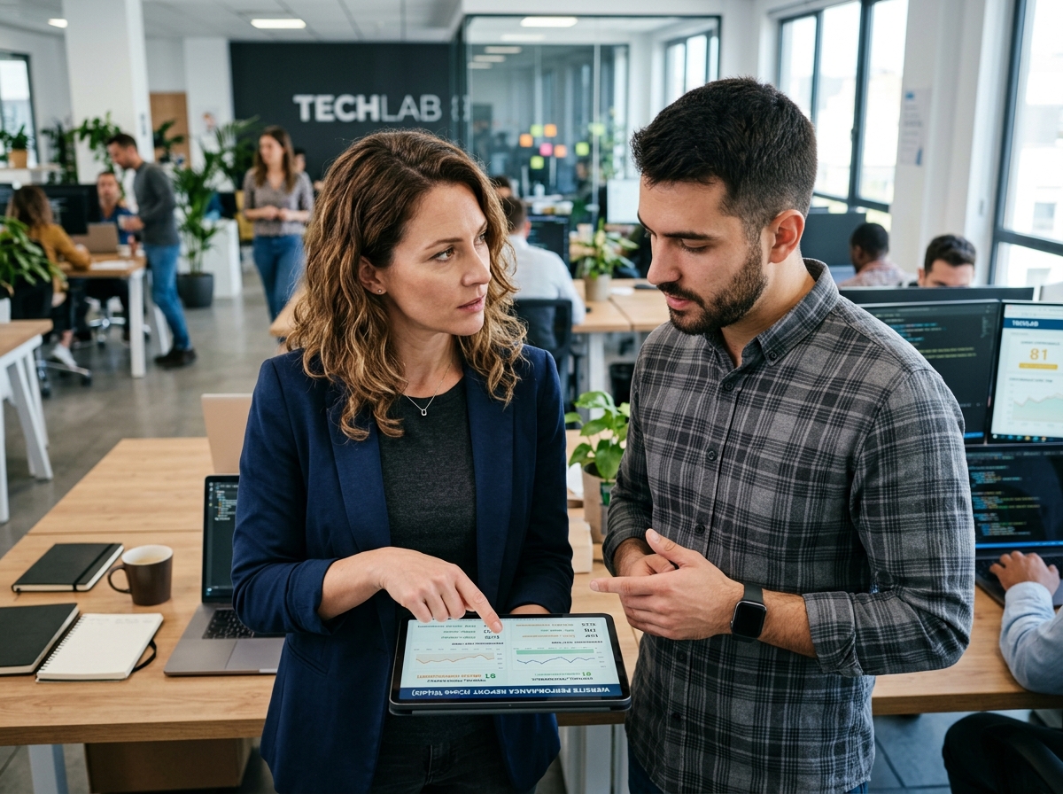 An SEO specialist and a web developer discussing a website performance report on a tablet.