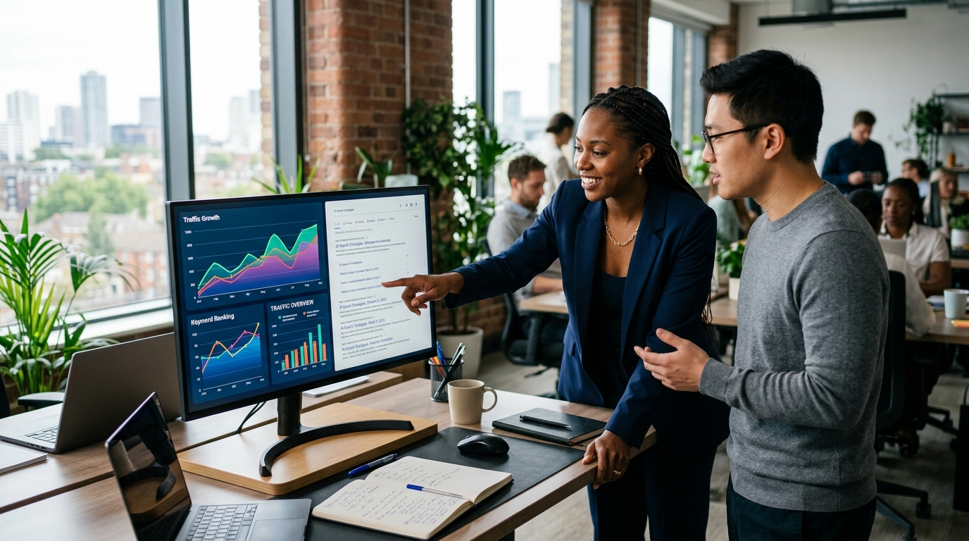 A content strategist and a data analyst collaborating over a screen showing search engine ranking data.