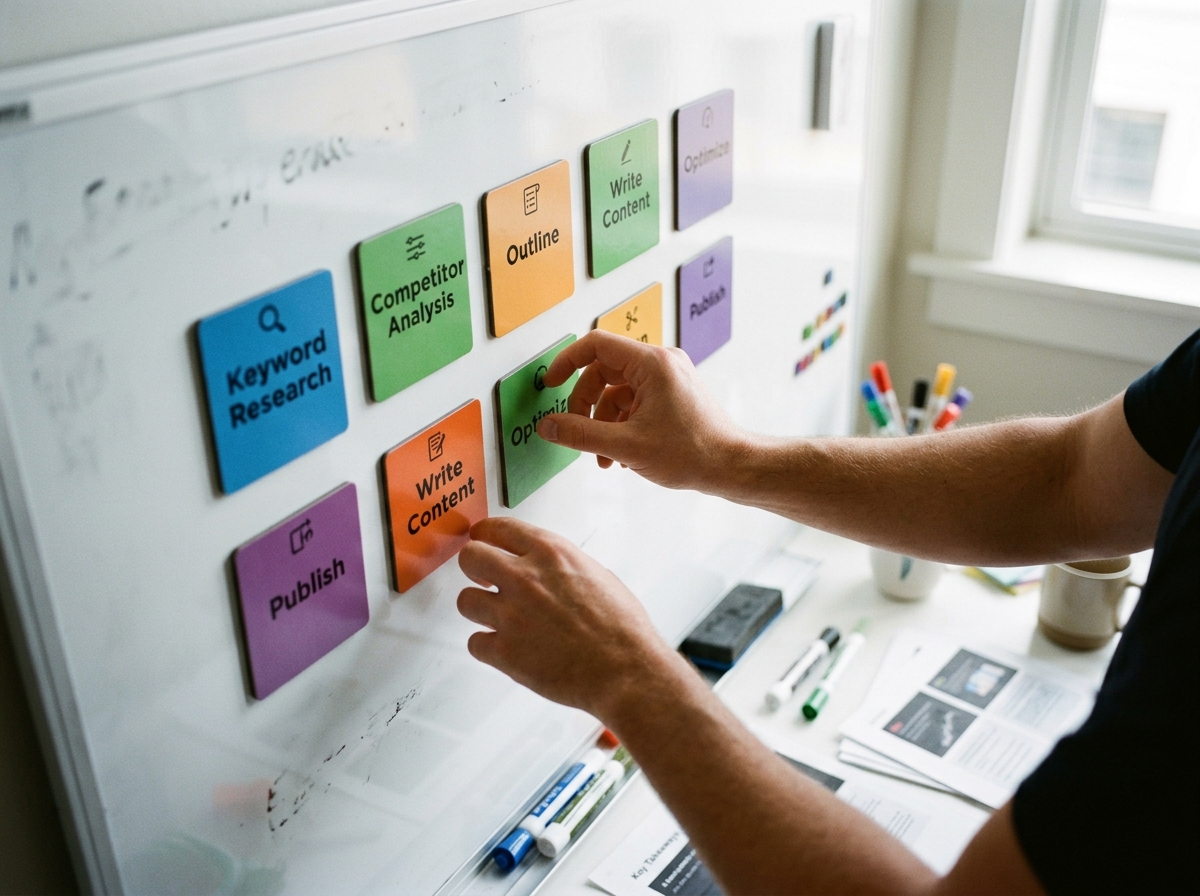 A step-by-step diagram showing the process of creating an SEO optimized article.