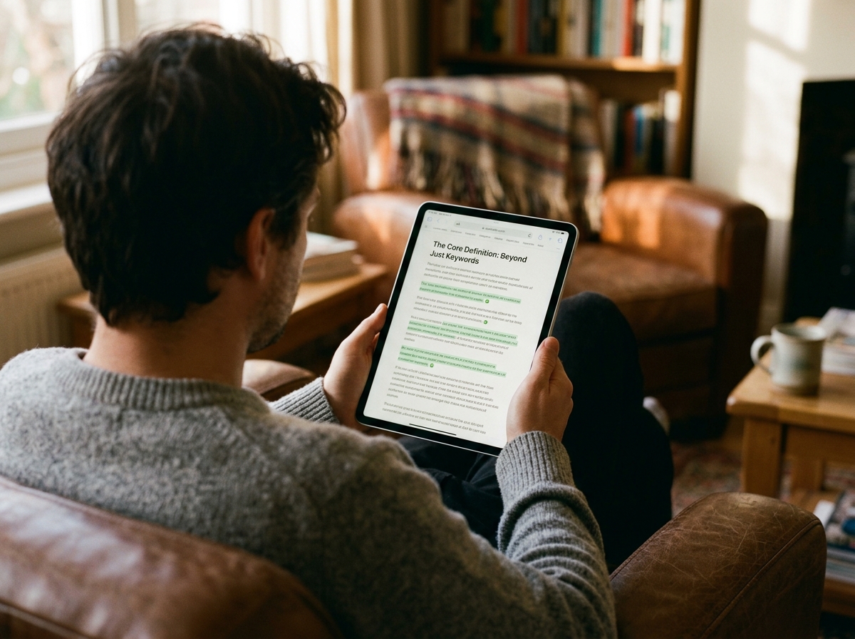 A person reviewing an article on a tablet, with AI-powered fact-checking highlights showing verified claims.