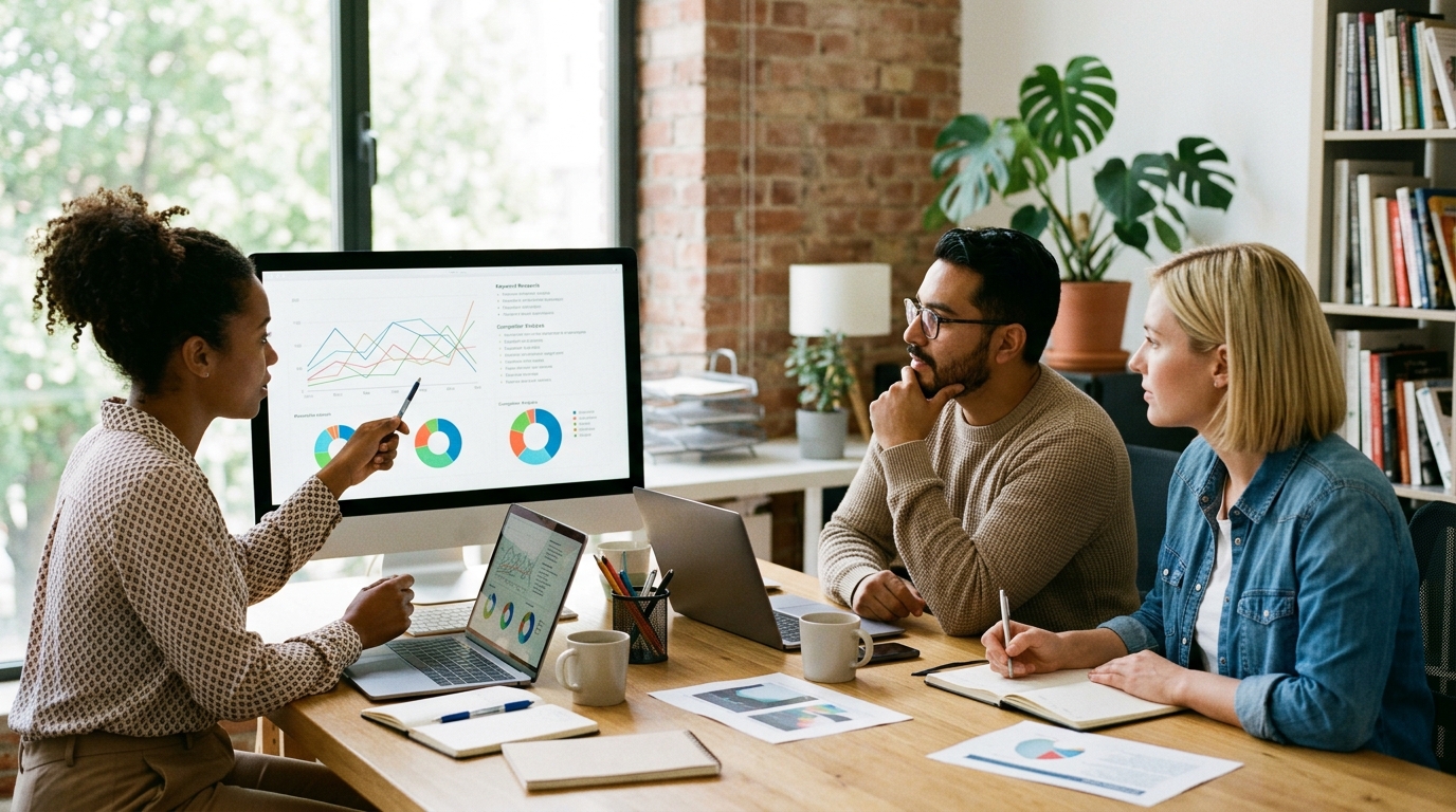 A diverse team of content strategists collaborating in a modern, brightly lit office.