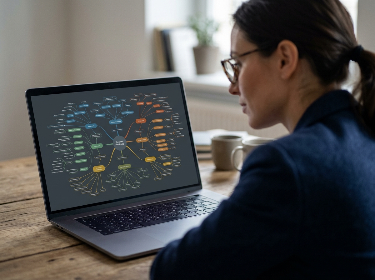 A marketing professional analyzing a complex keyword map on a laptop screen.