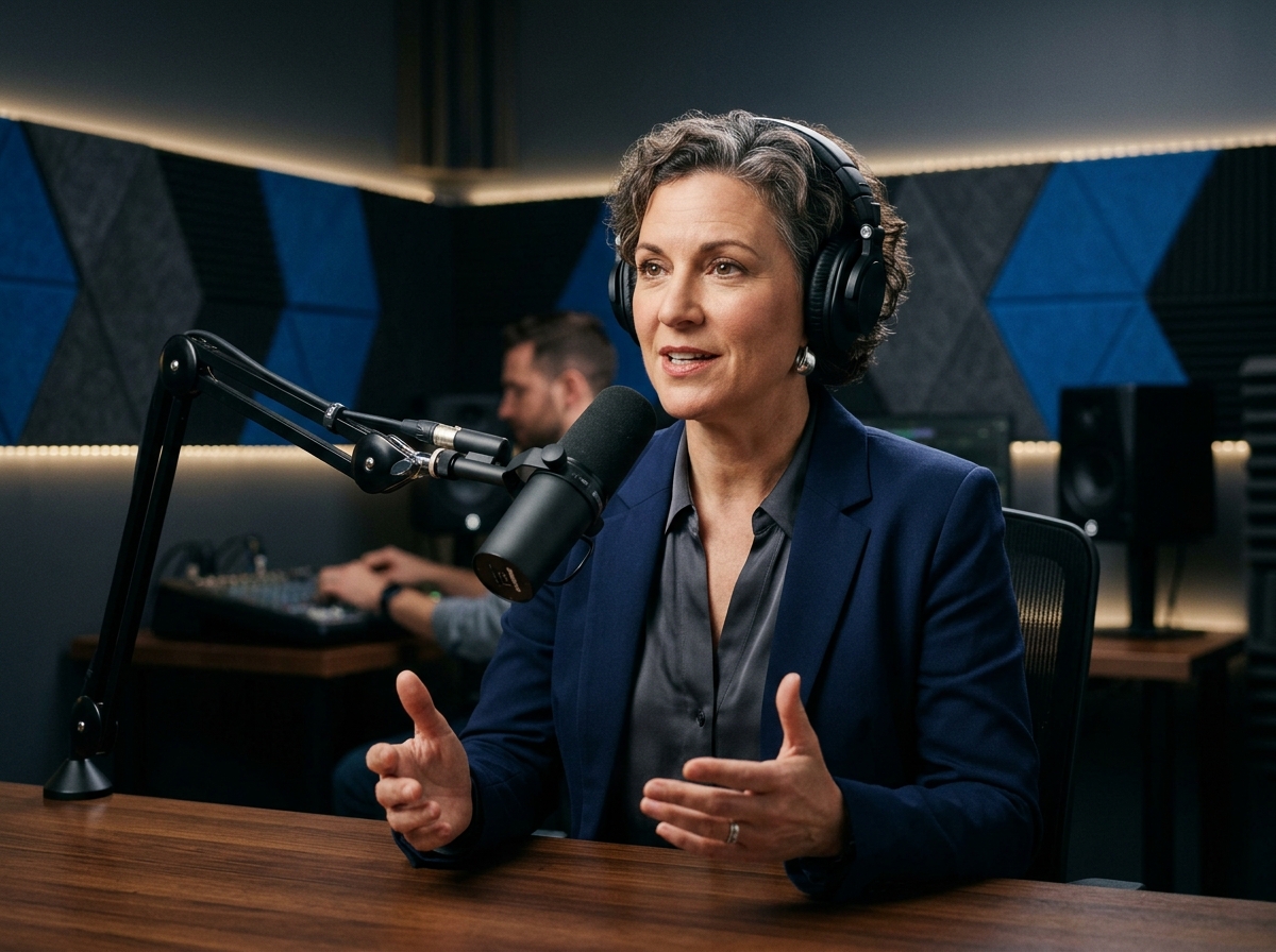 An expert author being interviewed for a podcast, demonstrating authority and trustworthiness.