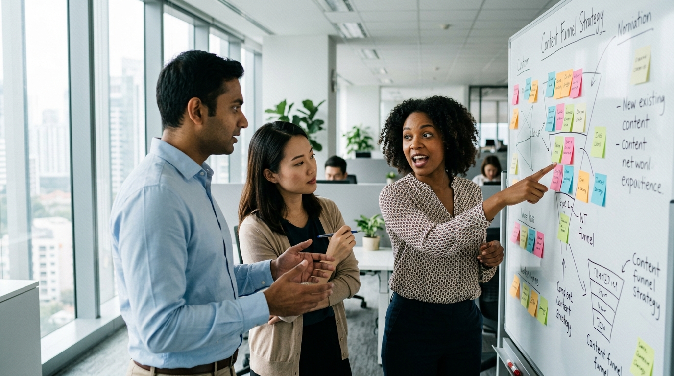 A diverse team of marketing professionals collaborating on an SEO content strategy in a bright, modern office.