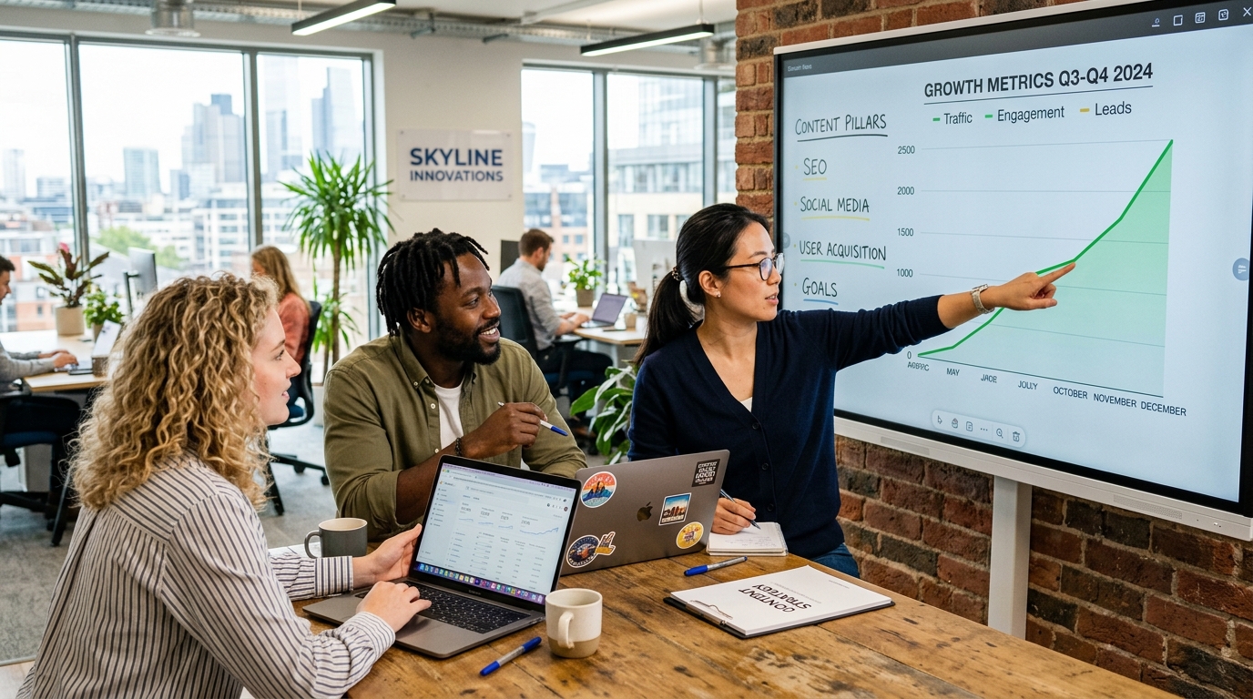 A diverse team of startup founders strategizing their SEO content plan in a modern office.