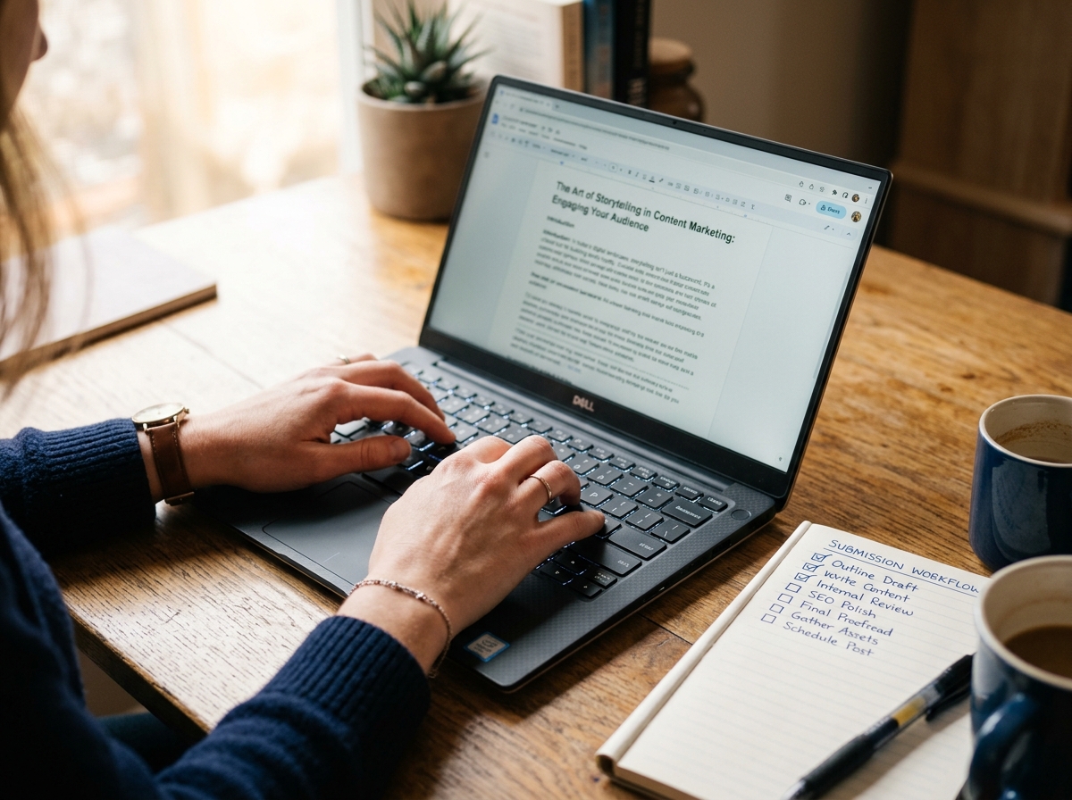 A content marketer typing an article draft for submission, with a workflow checklist nearby.