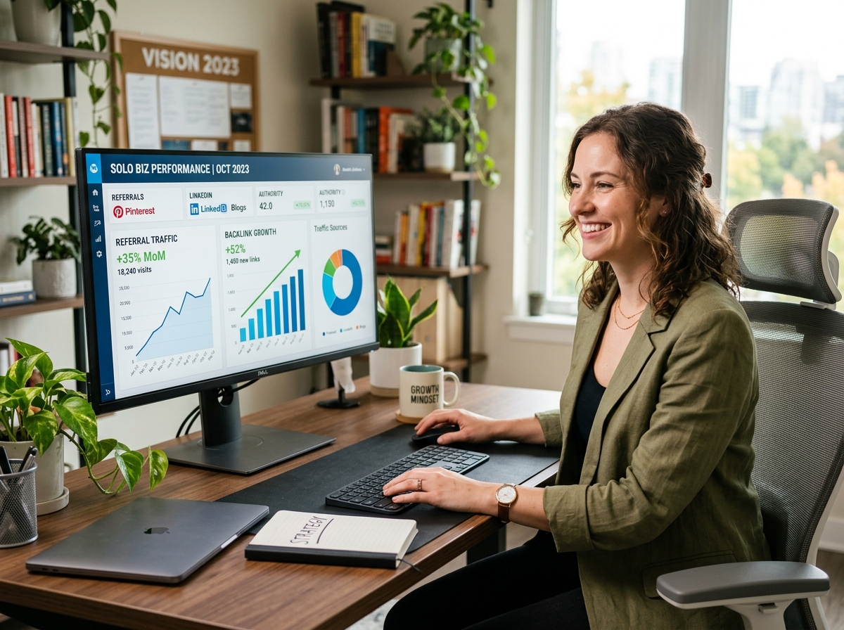A solo entrepreneur analyzing referral traffic and backlink growth on her analytics dashboard.