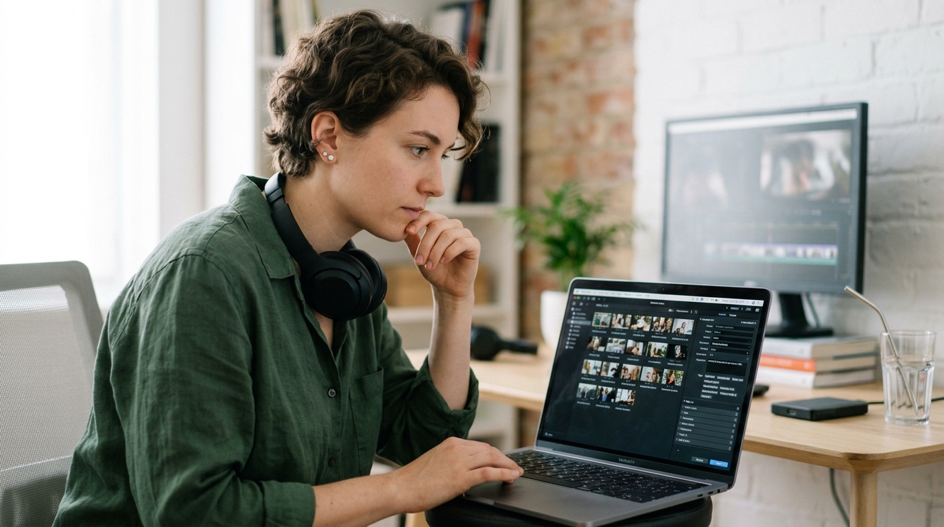 A videographer reviewing footage on a laptop in a modern editing suite, focusing on metadata entry.