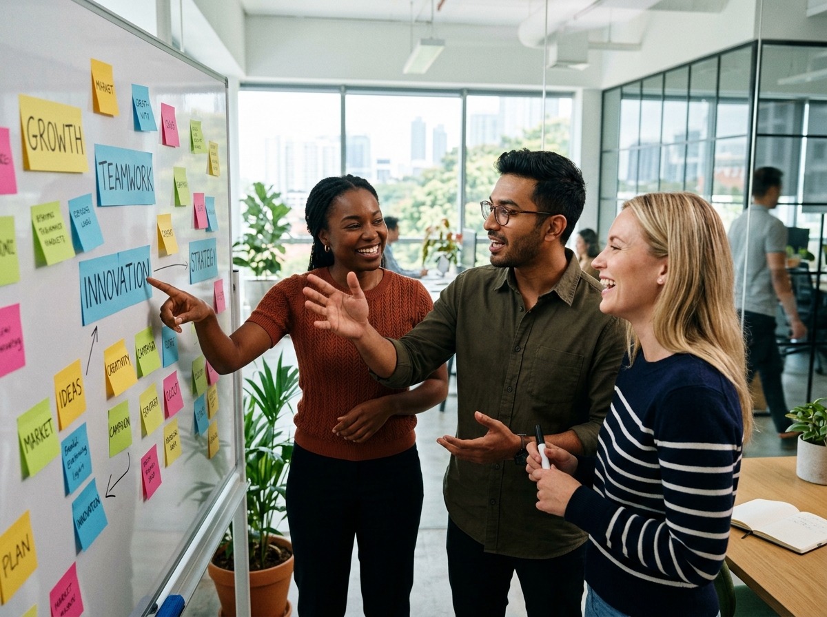A diverse group of marketing professionals brainstorming around a whiteboard covered in keywords and concepts.