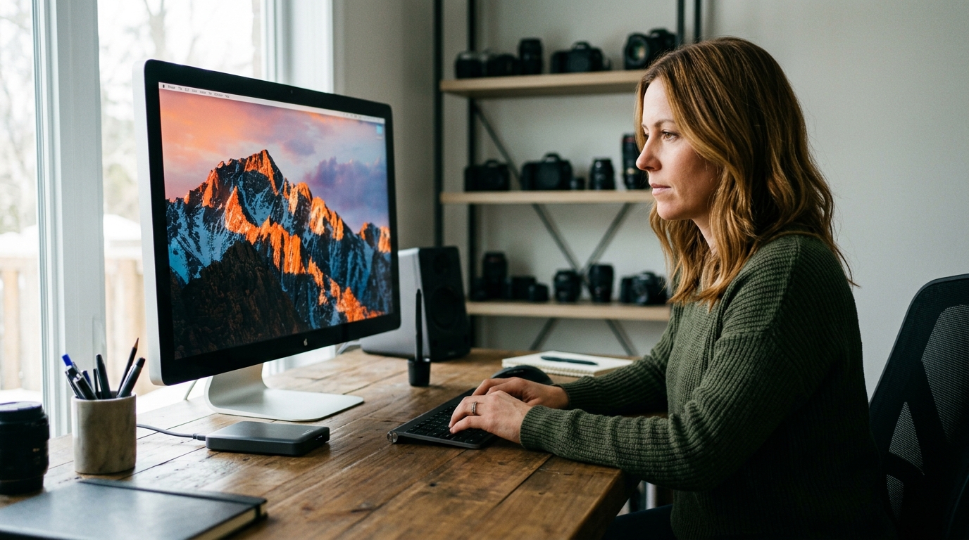 A microstock contributor carefully keywording a photo on a large monitor in a home studio.