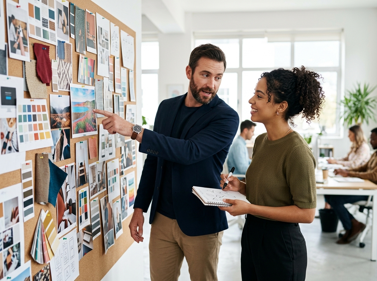 An art director and a designer collaborating over a mood board filled with stock photos.