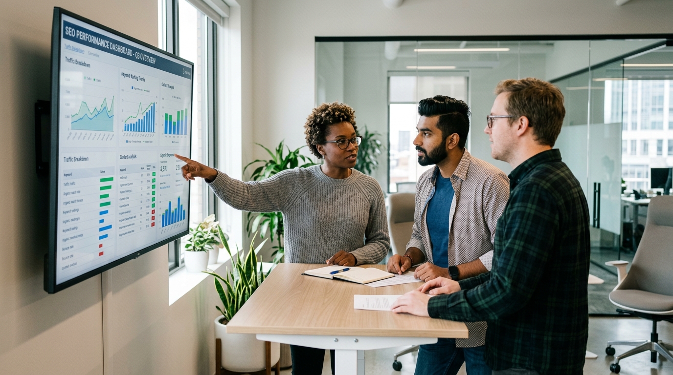 A diverse team of marketing strategists collaborating around a large monitor displaying SEO data and competitor rankings.