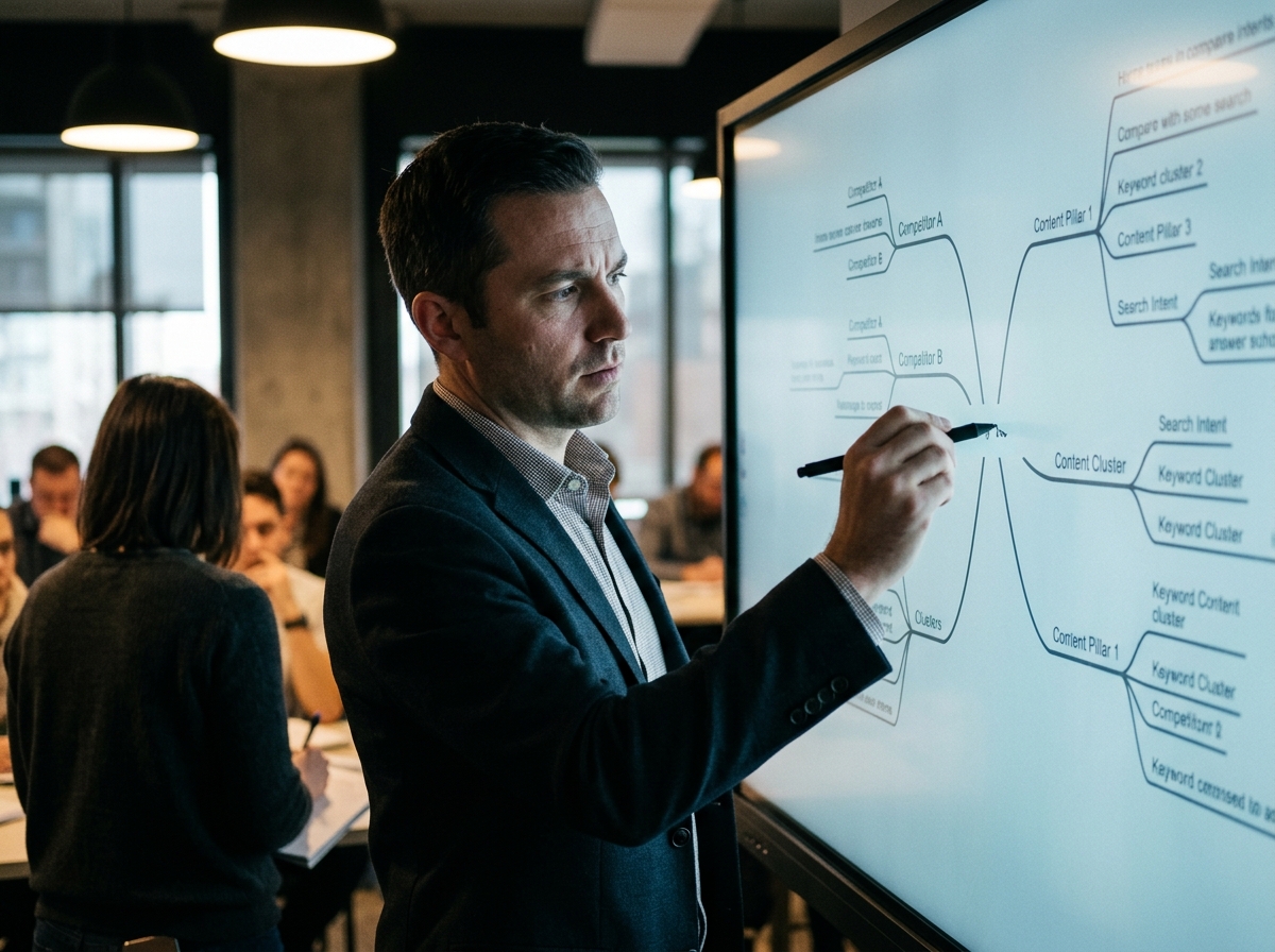 A digital marketing strategist mapping out direct and indirect SEO competitors on a large digital whiteboard.
