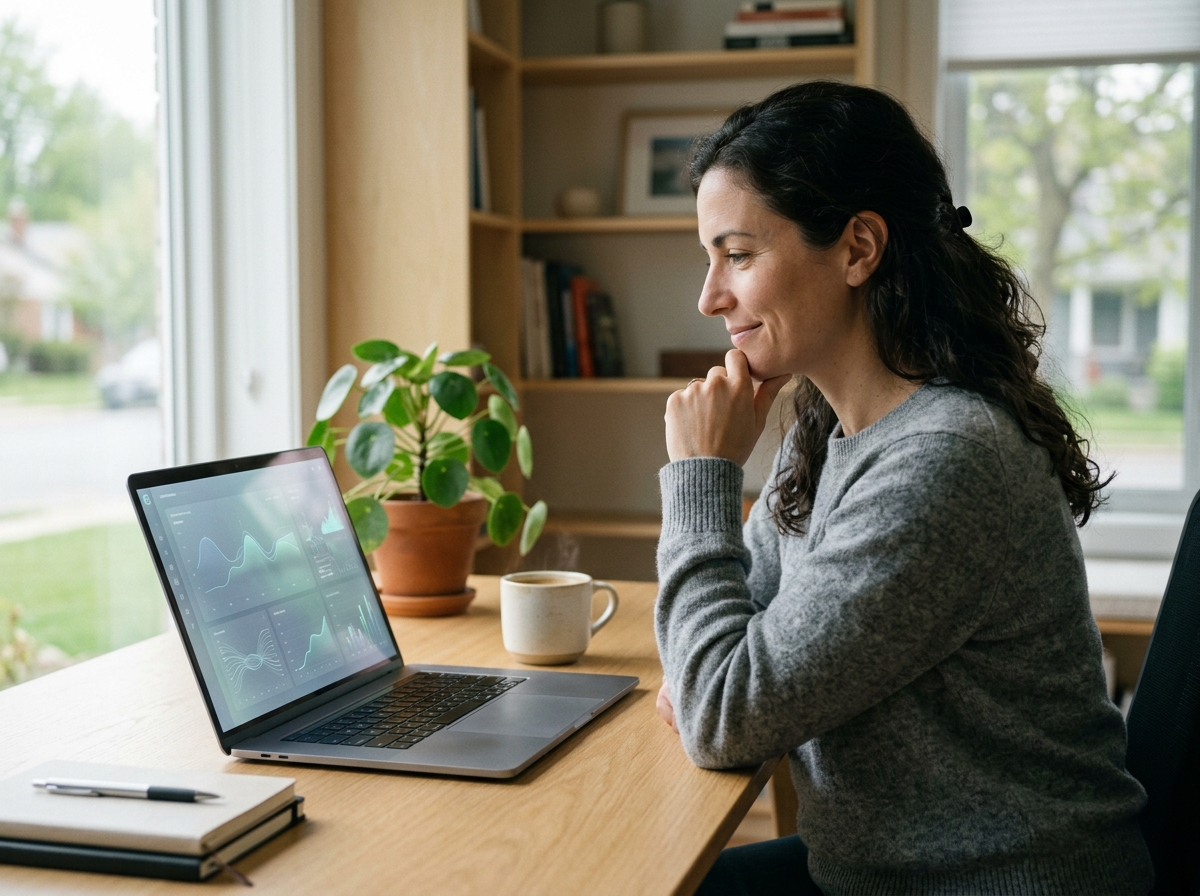 A solo founder looking focused and efficient while using an AI-powered SEO tool on their laptop in a home office.