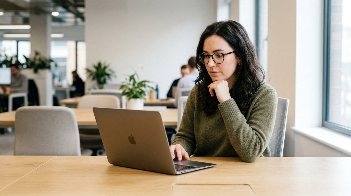 A focused content strategist at a modern startup office reviewing a content outline on their laptop.