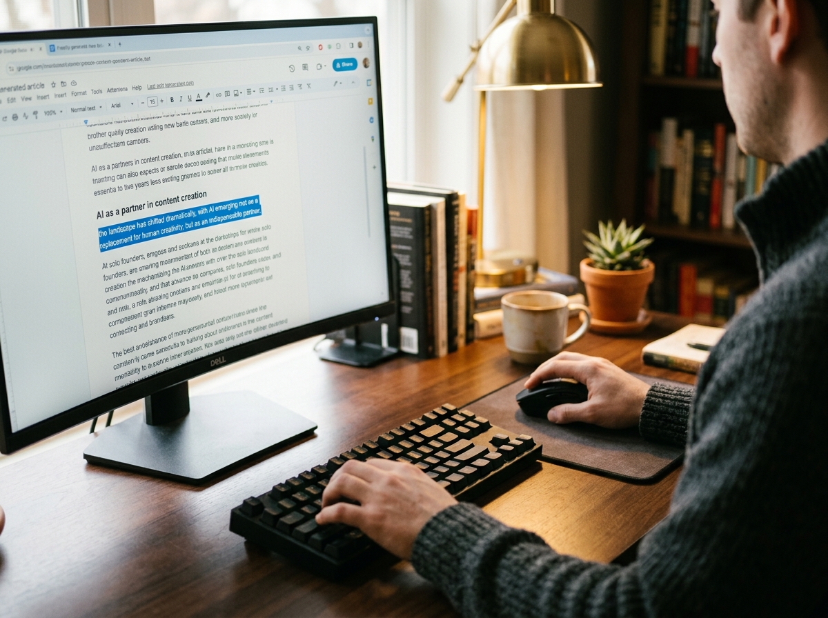 A close-up over-the-shoulder view of a person refining an AI-generated article on a computer screen.