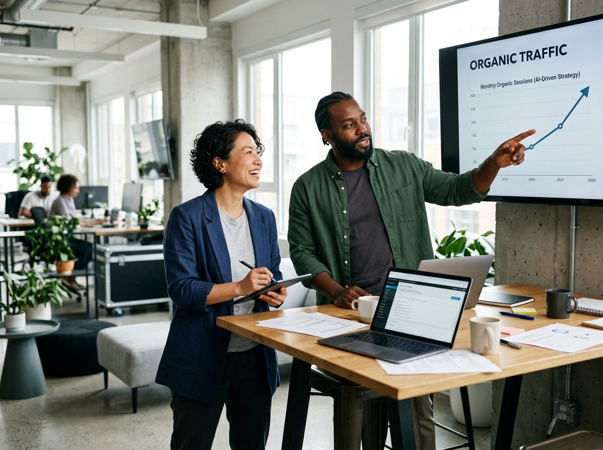 Two diverse startup founders celebrating in front of a monitor showing a chart with increasing organic traffic.