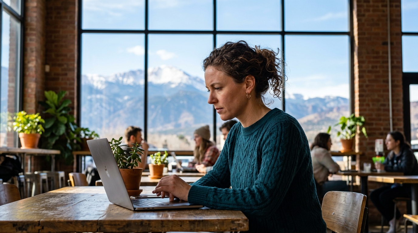 A small business owner in Colorado Springs works on their local SEO strategy on a laptop in a modern coffee shop.