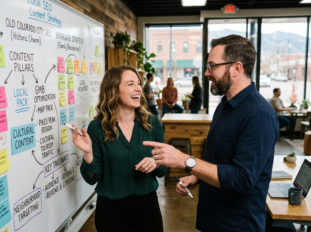 A marketing team collaborates on a Colorado Springs content strategy using a whiteboard.