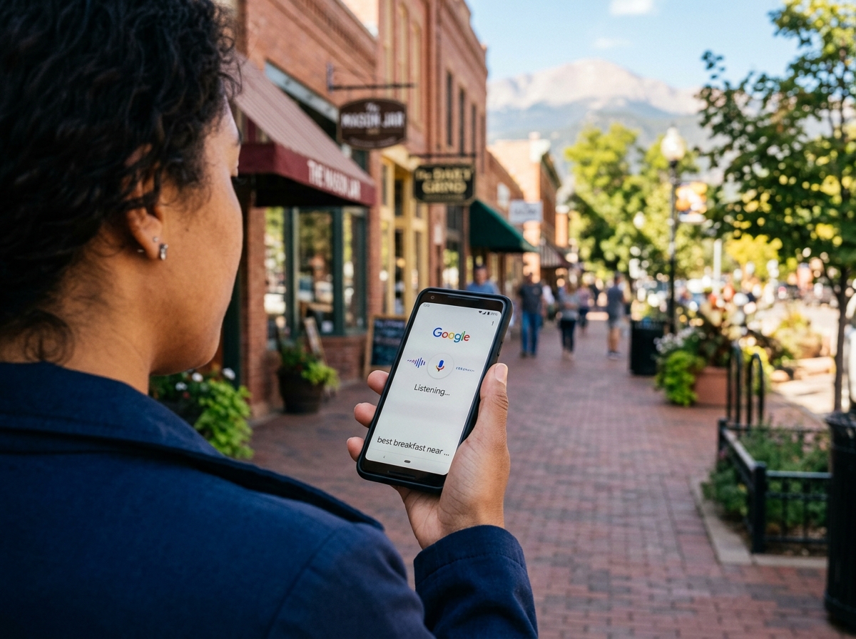 A person uses voice search on their smartphone while walking down a street in Old Colorado City.