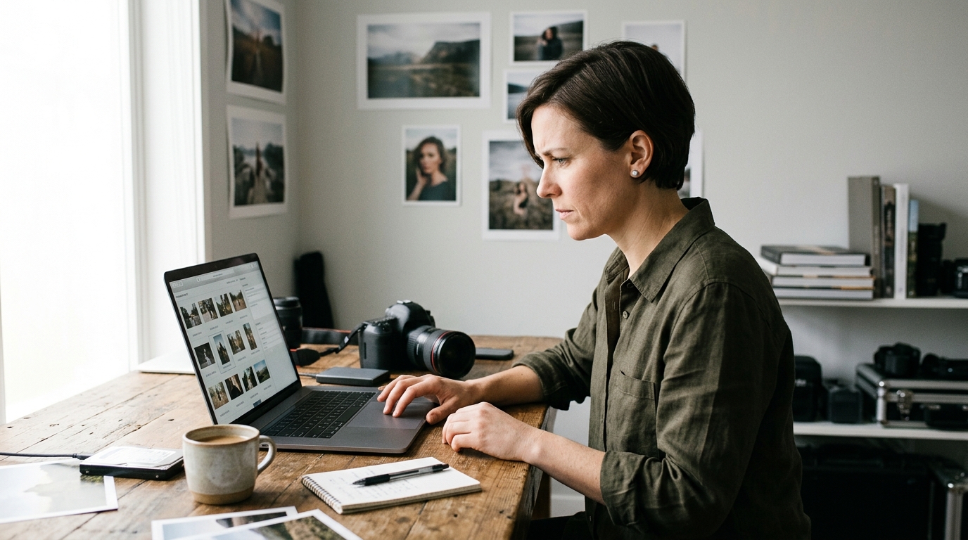 A professional photographer meticulously editing keywords for her images on a laptop in a well-lit studio.