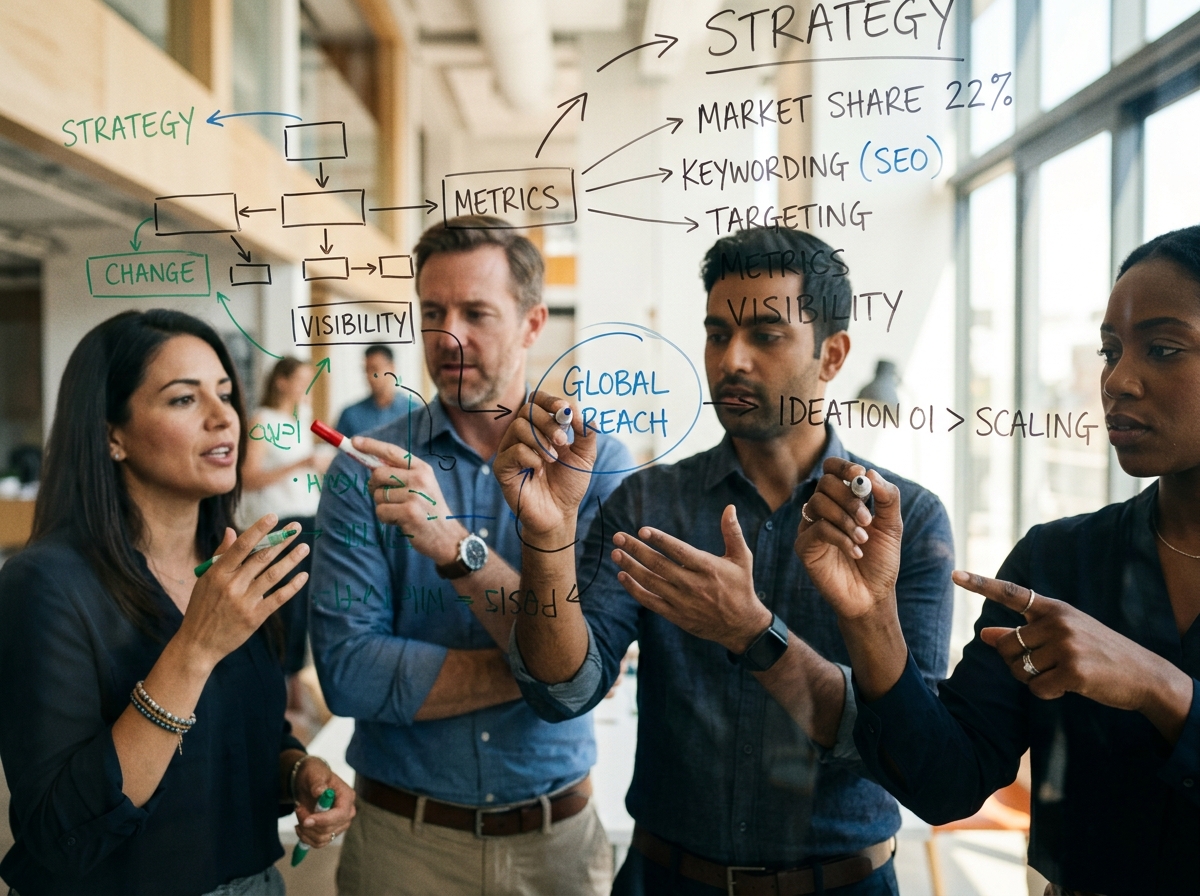 A diverse team collaborating around a whiteboard, illustrating the concept of teamwork and strategy.