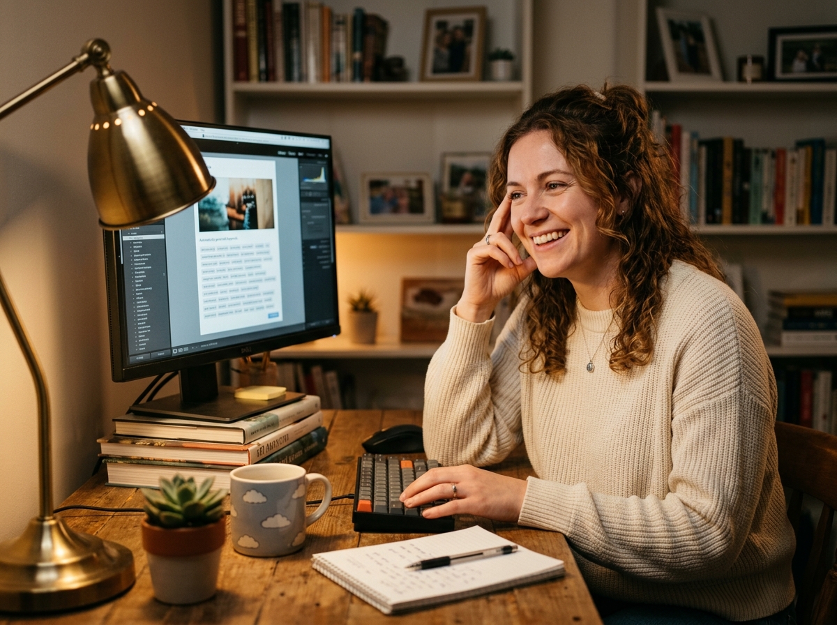 A microstock contributor looking relieved and efficient while using an AI keywording tool on her computer.