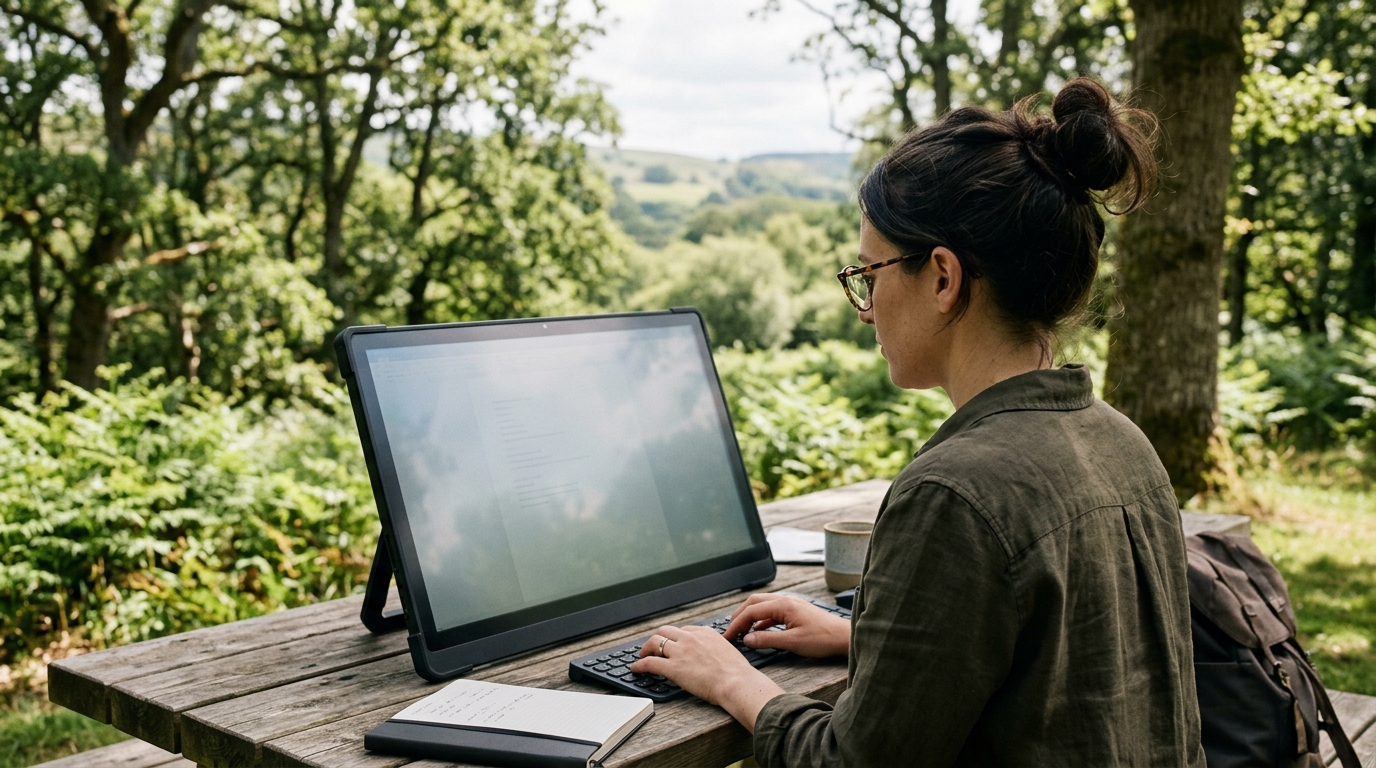 A content strategist analyzing a keyword research dashboard on a large monitor in a modern office.