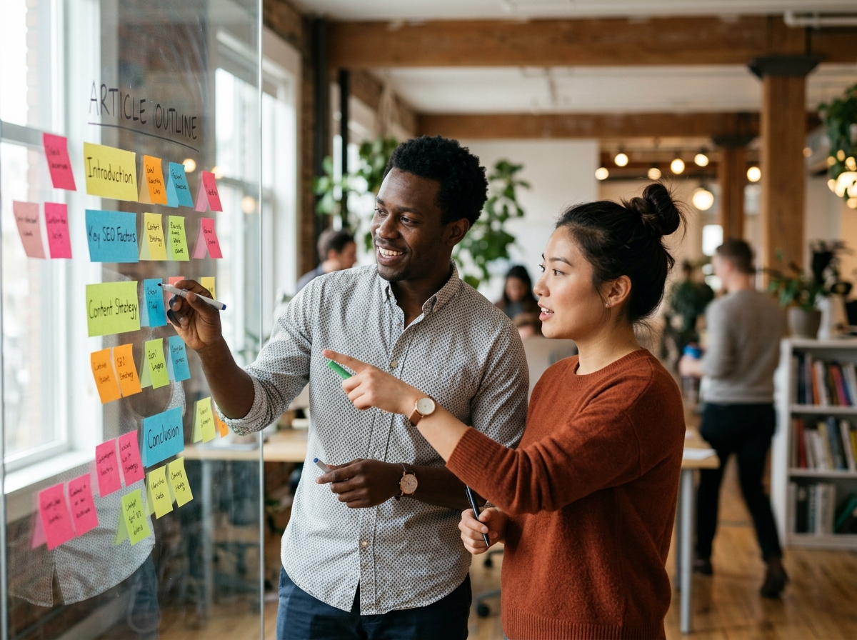 Two colleagues collaborating on an article's structure using sticky notes on a glass wall.