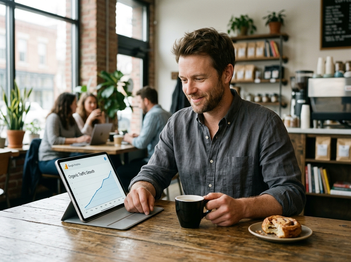 A small business owner reviewing a Google Analytics traffic report on a tablet in their shop.