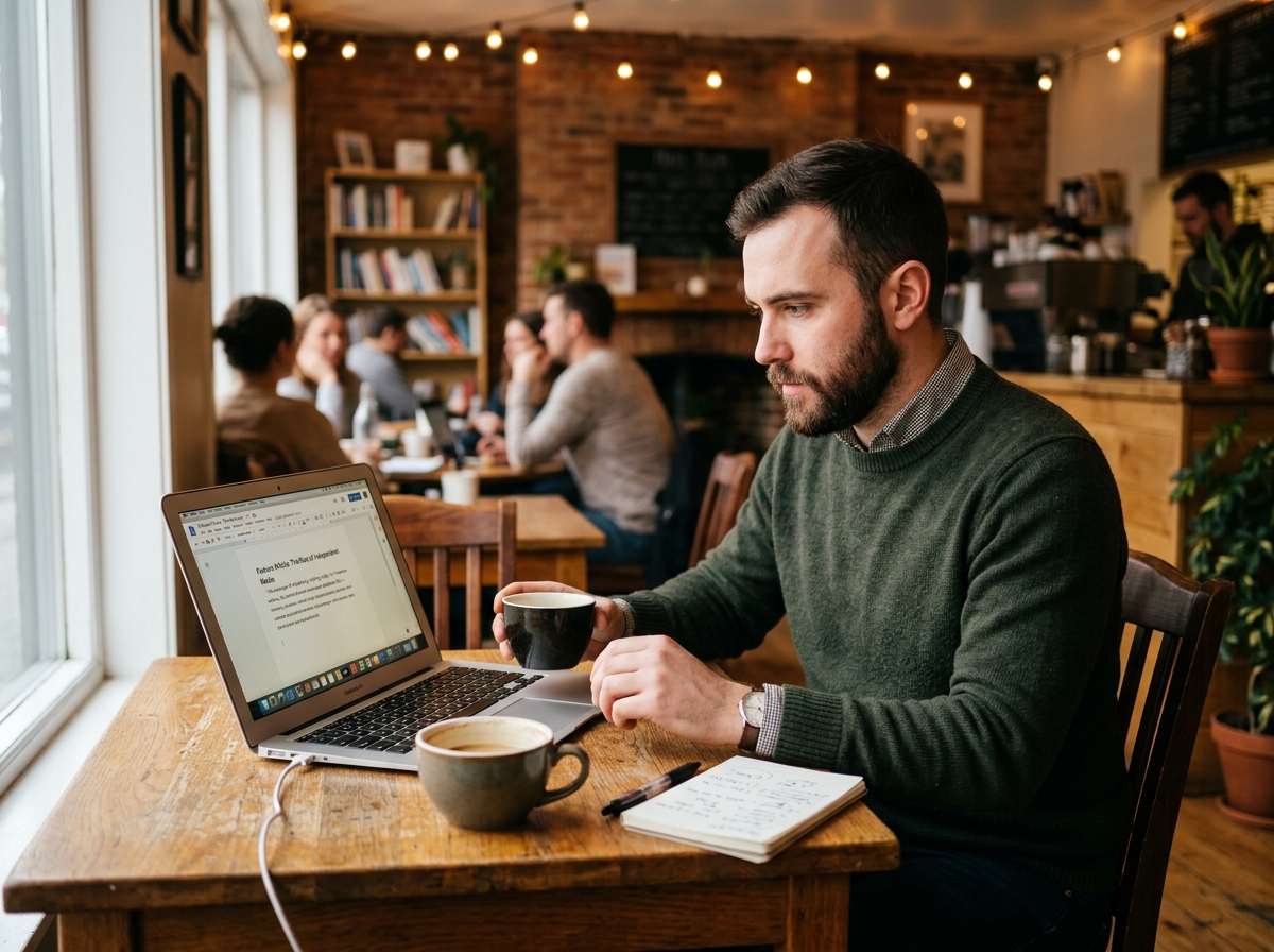 A freelance writer crafting a compelling article for a guest post on a laptop in a cozy cafe.
