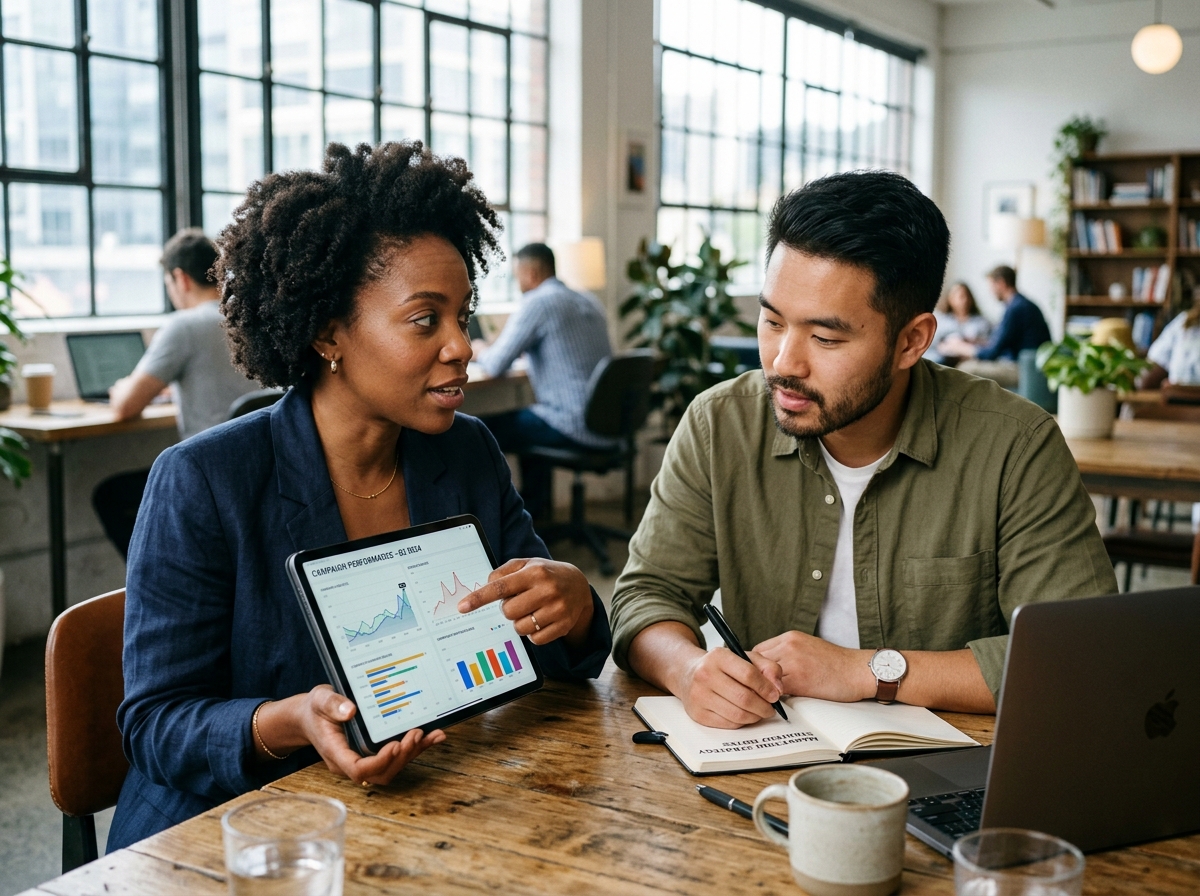 Two marketing professionals collaborating on an E-E-A-T focused article, reviewing data on a tablet.