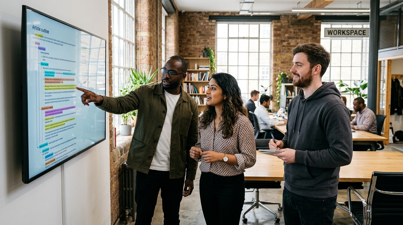 A diverse team of content strategists collaborating around a large monitor displaying a color-coded article outline.