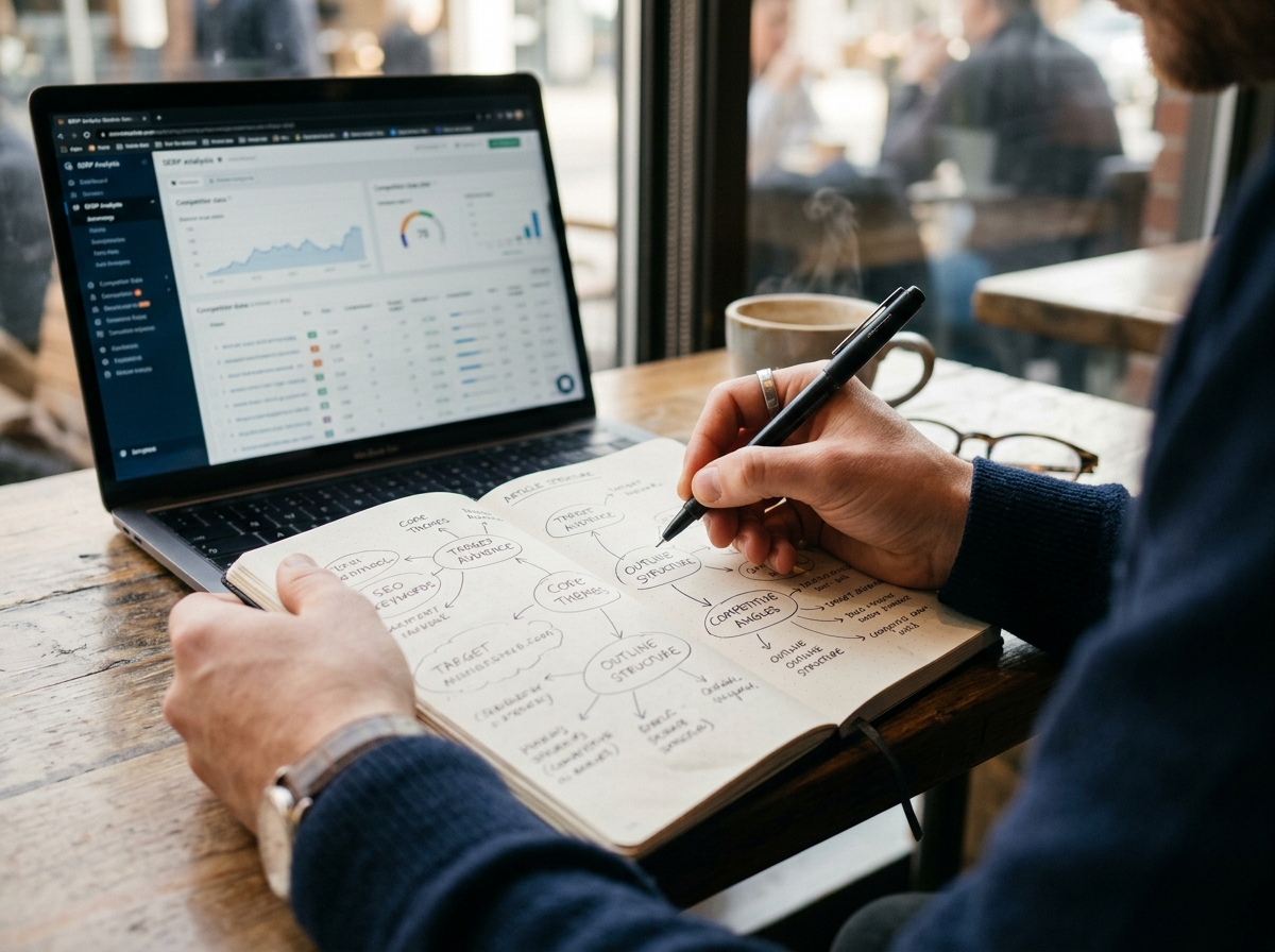 A solo founder sketching out an article structure in a notebook, with a laptop showing competitor analysis data in the background.