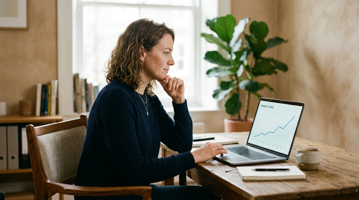 A small business owner reviewing a positive organic traffic graph on her laptop in a bright, modern office.