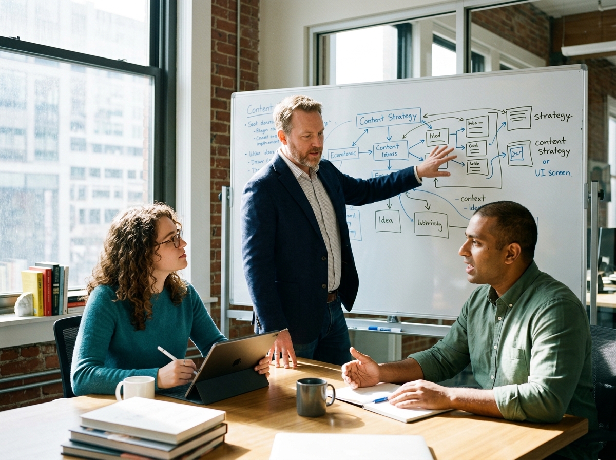 A content marketing team collaborating around a whiteboard filled with a content calendar and keyword ideas.