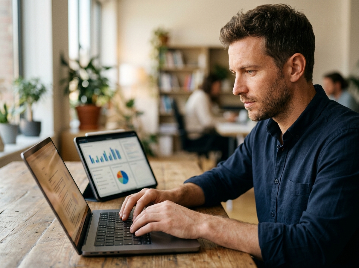 A professional writer at a desk comparing data on a tablet with an article draft on a laptop, symbolizing the AI vs. human hybrid approach.