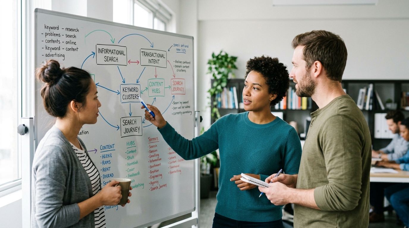 A diverse team of content strategists collaborating around a whiteboard covered in SEO article writing tips and user journey maps.