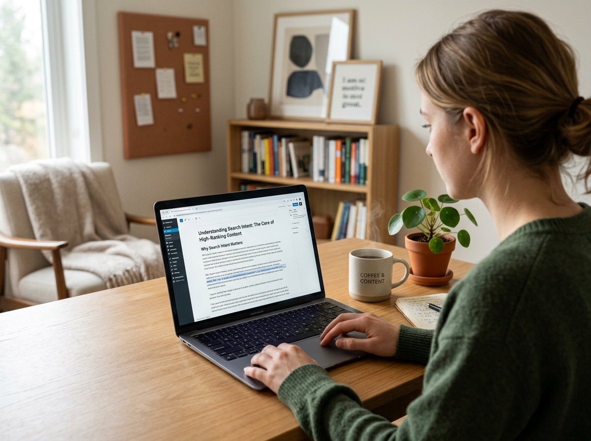 A solo founder carefully editing an SEO-optimized article on her laptop in a cozy home office setting.