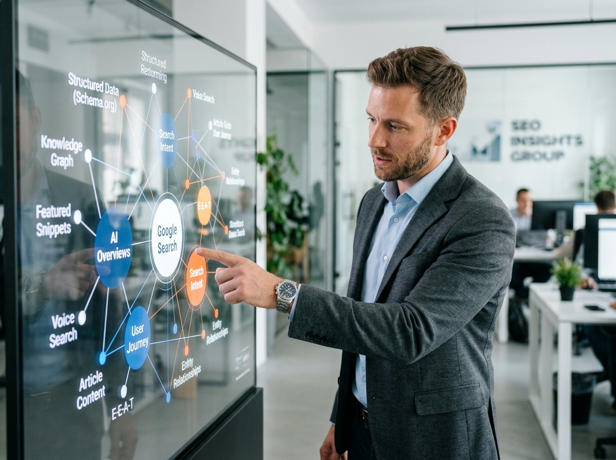 A digital marketer analyzing a graph showing the relationship between entities and keywords for an SEO strategy.