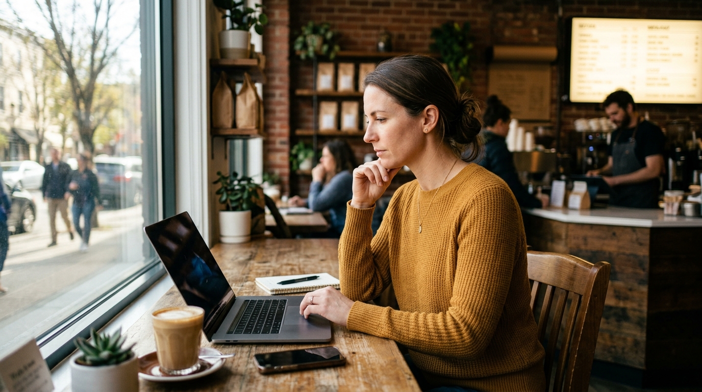 A small business owner in her artisan coffee shop, thoughtfully reviewing local search rankings on her laptop.