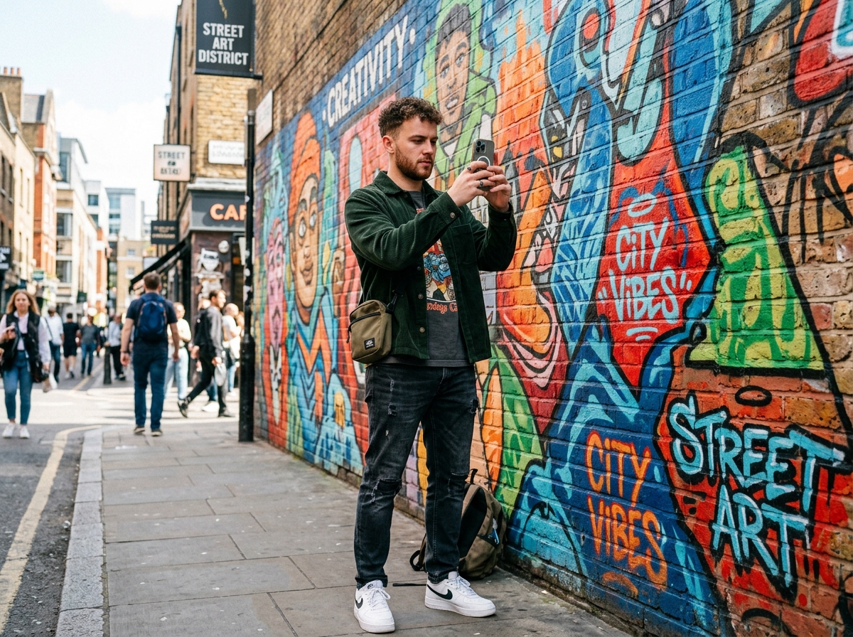 A content creator taking a photo of a local mural with his smartphone for a blog post about his city's art scene.