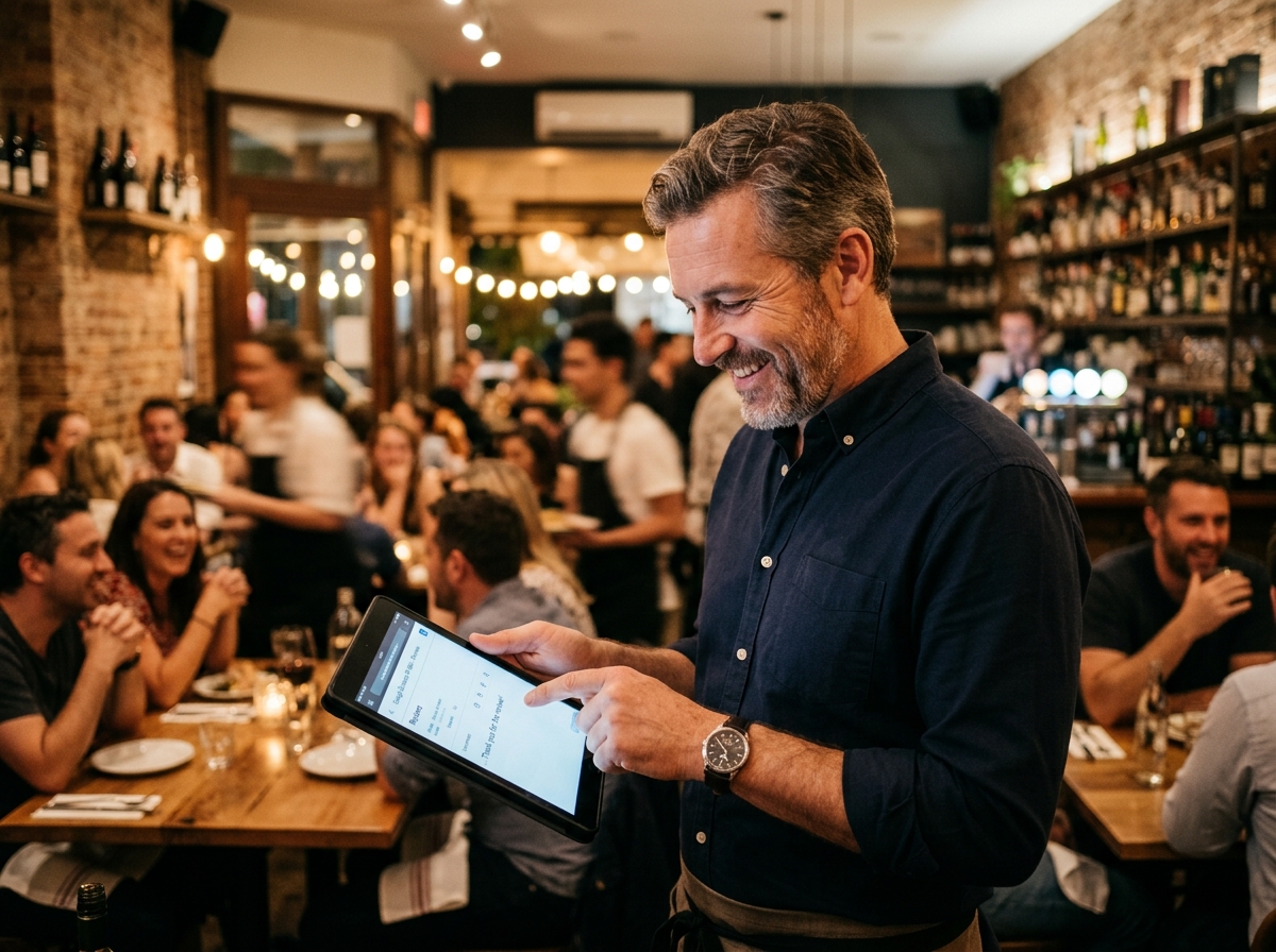 A friendly restaurant manager responding to customer reviews on a tablet in his bustling establishment.