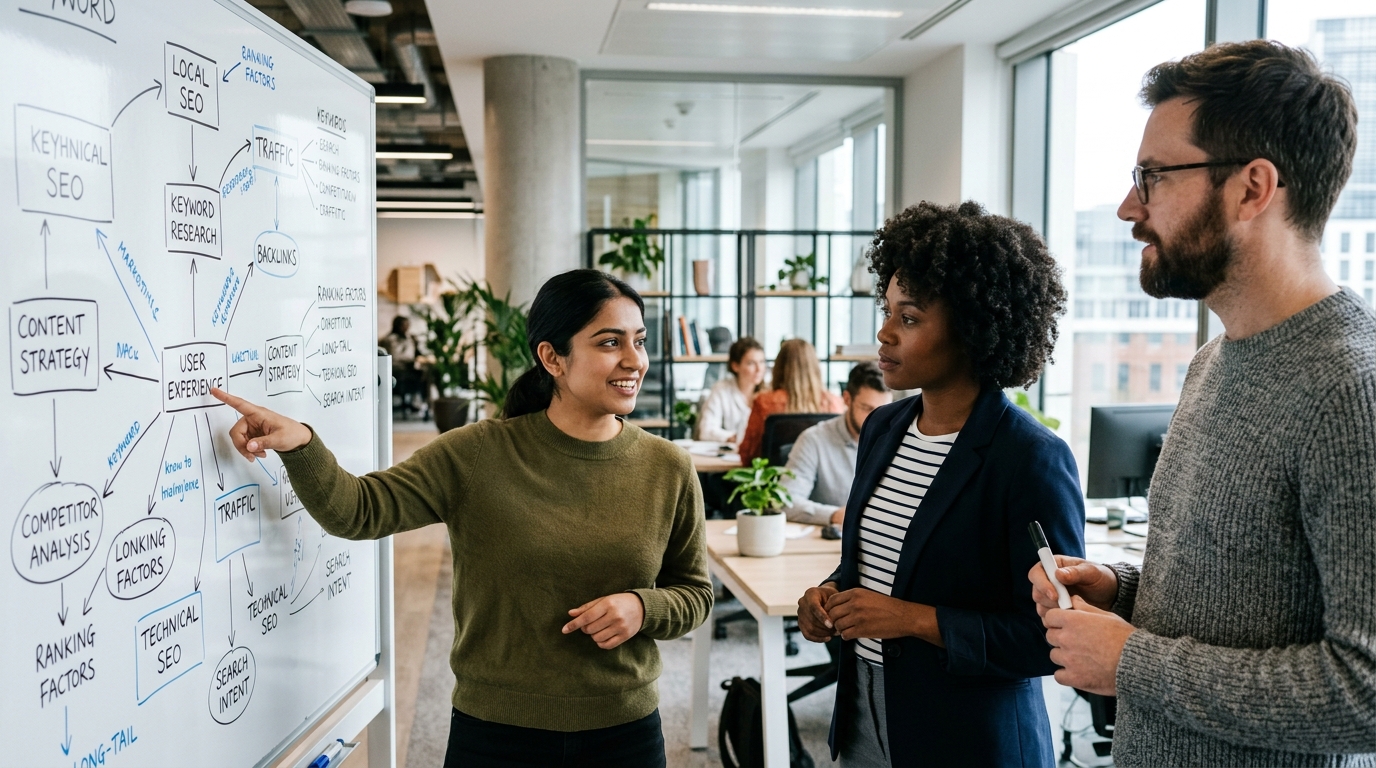 A diverse marketing team collaborating around a whiteboard covered in SEO strategy notes and charts.