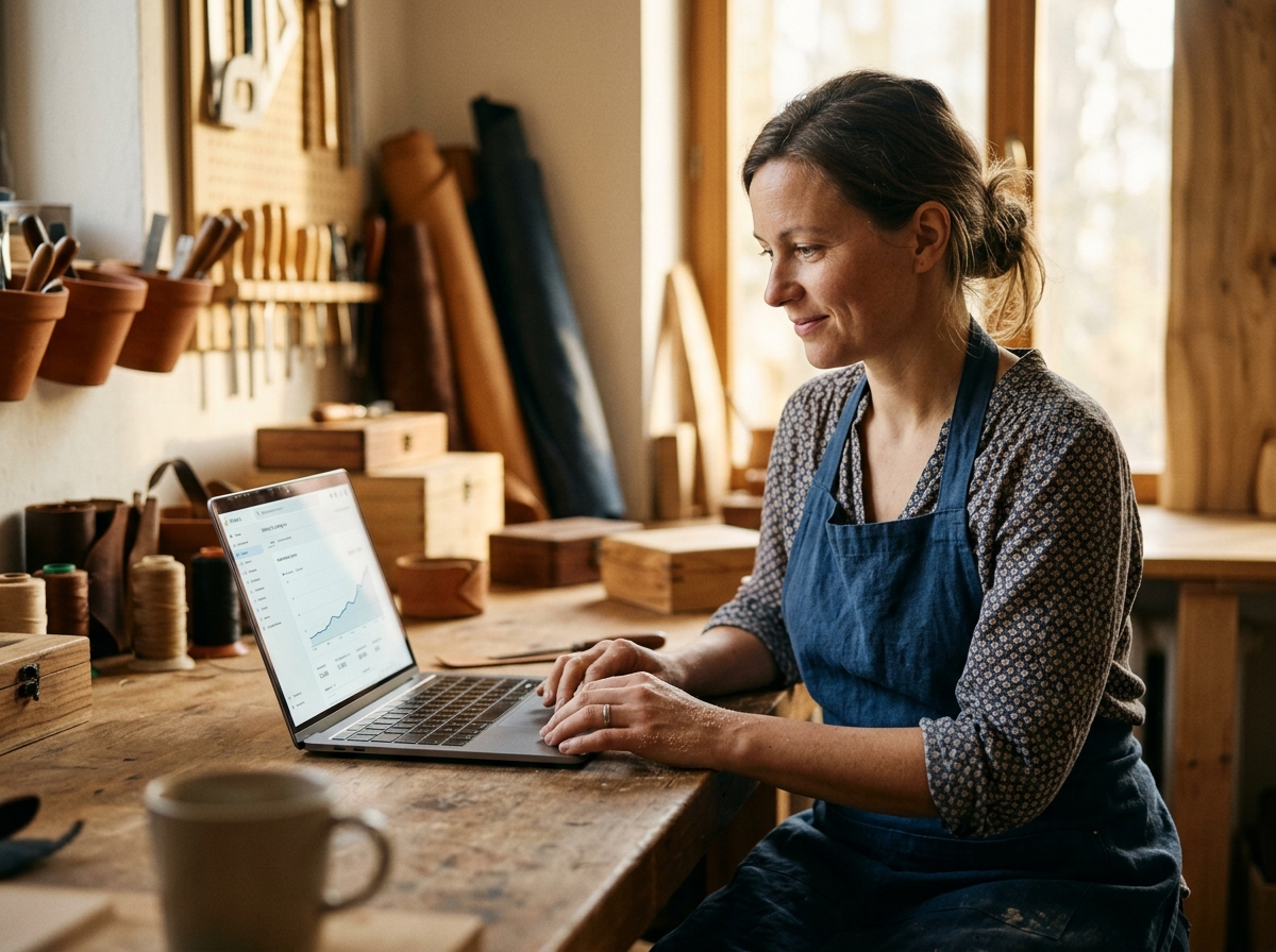 A small business owner analyzing a website's organic traffic growth on a laptop in her workshop.